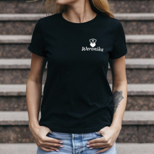 Koszulka damska dla pielęgniarki z nadrukiem Anioł Opieki, personalizowana, czarna, 100% bawełna, rozmiar S