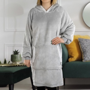 Bluza koc oversize z kapturem 2w1 szara - ciepła Kocobluza z kieszenią