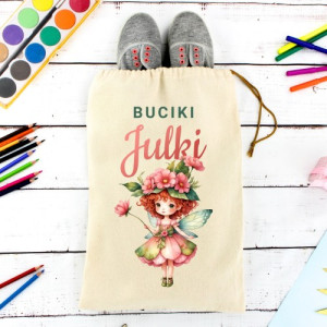 Worek na buty dla dziewczynki z imieniem - personalizowany, bawełniany, W zaczarowanym świecie