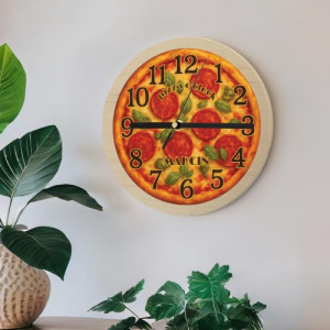 Zegar ścienny drewniany dla pizzaiolo z nadrukiem Pizza Time