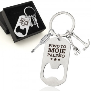 Brelok do kluczy z otwieraczem do piwa i grawerem „Moje paliwo” – prezent dla piwosza