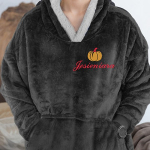 Bluza koc damska z kapturem i haftem Jesieniara czarna oversize