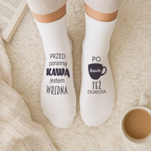 Skarpetki damskie z nadrukiem Kawowa Wredota – śmieszne białe skarpetki na prezent