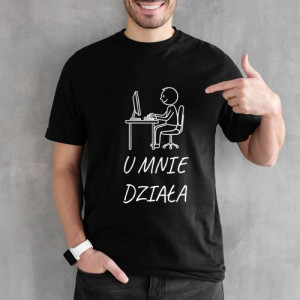 Koszulka męska dla informatyka XL „U mnie działa” – śmieszny T-shirt programisty czarny