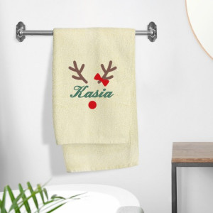 Świąteczny ręcznik kąpielowy ecru 70 x 140 cm z haftem dla niej - Rudolf