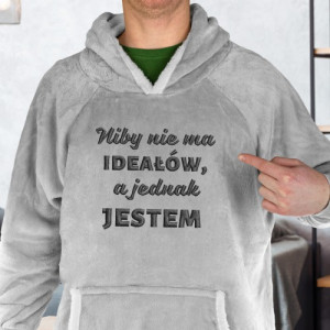 Kocobluza męska z kapturem i haftem, szara - ciepła bluza koc oversize dla niego