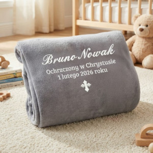 Koc z haftem na Chrzest dla chłopca 160 x 200 cm - personalizowana pamiątka Chrztu Świętego