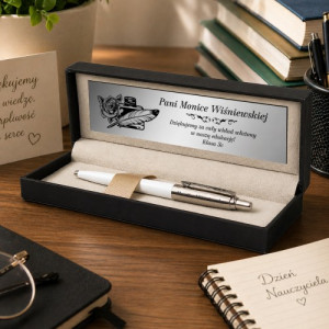 Parker Jotter biały z grawerem dla nauczycielki – elegancki długopis na podziękowanie