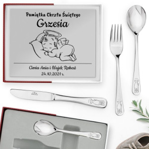 Sztućce dziecięce Gerlach Bon Ton z grawerem na Chrzest Święty - pieski, personalizowany prezent