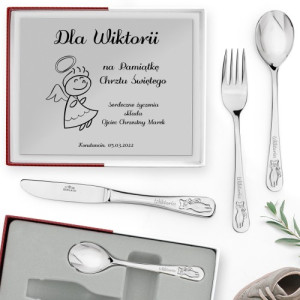 Sztućce dziecięce Gerlach Bon Ton z grawerem na chrzest - prezent z motywem kotków