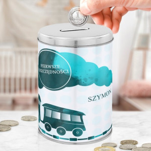 Skarbonka metalowa dla chłopca z nadrukiem Pociąg Marzeń – personalizowany prezent na chrzest, narodziny i urodziny