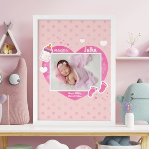 Obraz w ramce 30x40 z metryczką dla dziewczynki – personalizowany plakat na narodziny Śpioszek