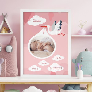 Personalizowany obraz z metryczką i zdjęciem dla dziewczynki w białej ramce
