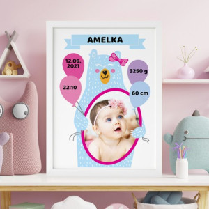 Obraz z metryczką i zdjęciem dla dziewczynki w ramce - personalizowany prezent Miś Tuliś