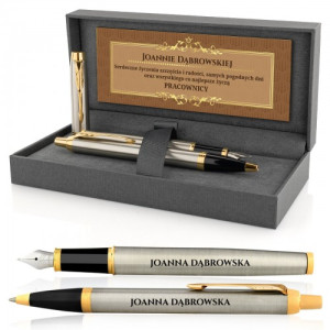 Parker IM Brushed GT – zestaw długopis i pióro z grawerem w etui na prezent dla szefowej