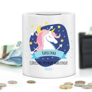 Skarbonka ceramiczna z nadrukiem i personalizacją dla córki – Jednorożec Marzeń