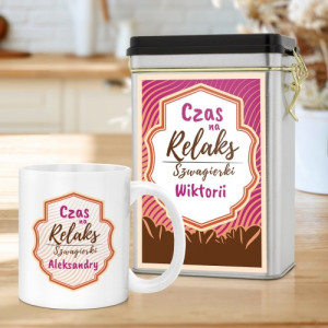 Personalizowany zestaw dla szwagierki – puszka na kawę i kubek z imieniem Relaks