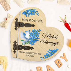 Drewniany album na zdjęcia serce z nadrukiem Błękitny Gołąbek – personalizowany prezent