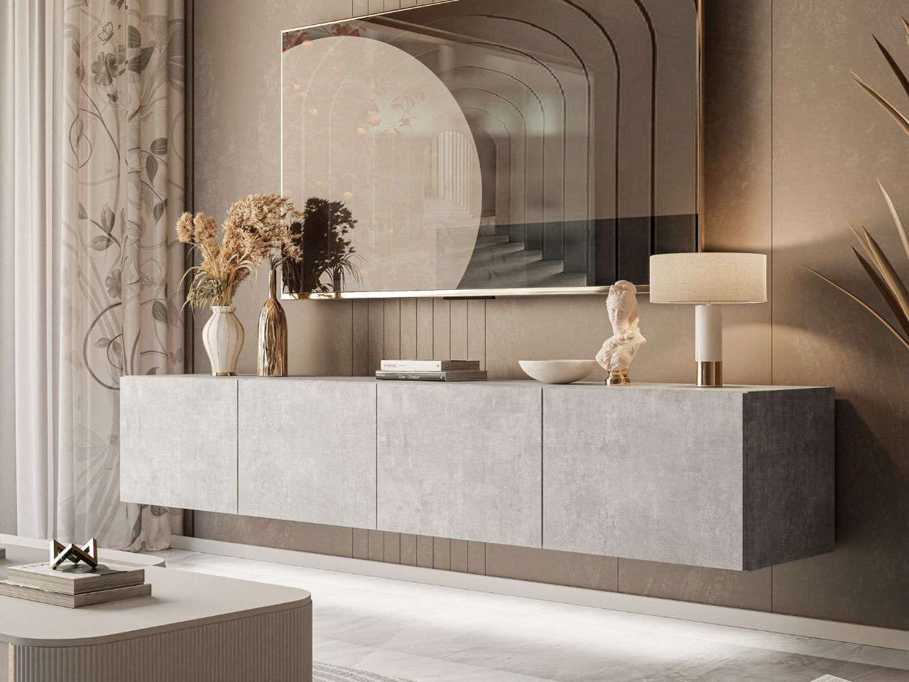 Hängeschrank mit Türen und LED-Beleuchtung 200 cm Nodoo Beton