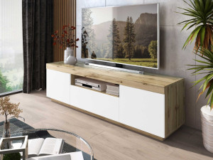 TV-Lowboard Asumi mit Türen und Schublade – Weiß matt und Eiche Wotan
