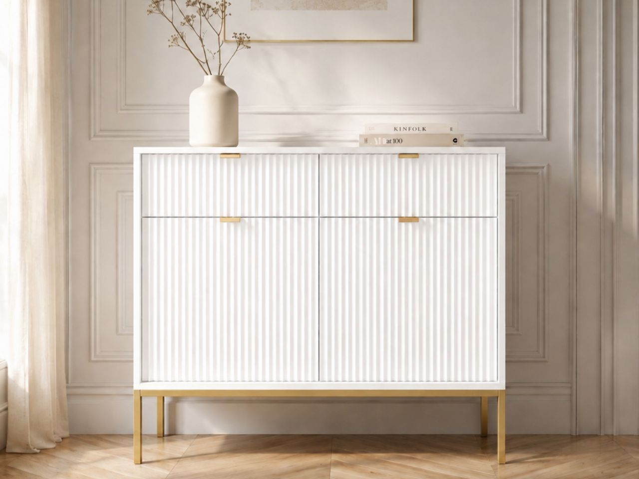 Kommode mit Türen und Schubladen Amber Weiß, Gold Frame