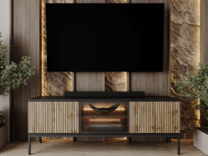TV-Lowboard mit Türen und Led Deo Schwarz, Eiche Wotan