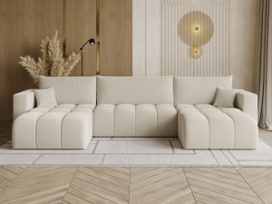 Wohnlandschaft mit Schlaffunktion und Bettkasten Neva Bouclé-Stoff Beige