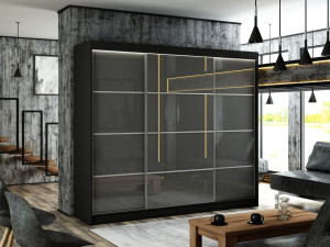 Schiebetürenschrank mit Sprossen 250 cm mit LED-Beleuchtung Ponti Schwarz, Grau