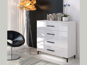 Kommode mit vier Schubladen und LED-Beleuchtung auf Schwarzen Beinen Nuveo Weiß Hochglanz