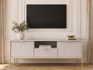 TV-Lowboard mit Schublade und Türen Amber Grau auf goldenen Beinen