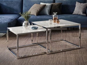 Couchtisch auf verchromtem Gestell mit Glasplatte Asumi Weiß 35x41