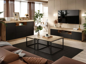 Wohnzimmer-Set im Loft-Stil Asumi Weiß und Eiche Wotan