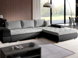 Ecksofa L-Form mit Schlaffunktion und Bettkasten Sonia Grau, Schwarz