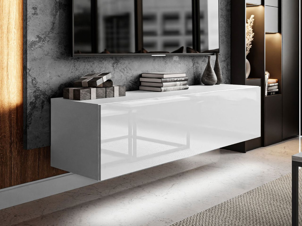 TV-Lowboard mit Türen und LED-Beleuchtung 150 cm Nodoo Weiß Hochglanz