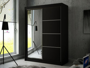 Schiebetürenschrank mit Spiegel 150 cm mit LED-Beleuchtung Portel Schwarz