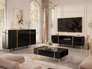 Wohnzimmer-Set im Glamour-Stil auf Beinen Lunelie Schwarz Hochglanz