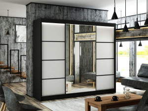 Schiebetürenschrank mit Spiegel 250 cm mit LED-Beleuchtung Portel Weiß, Schwarz
