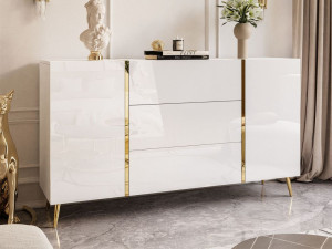 Zweitürige Kommode 158 cm auf goldenen Beinen mit drei Schubladen Lunelie Weißglanz