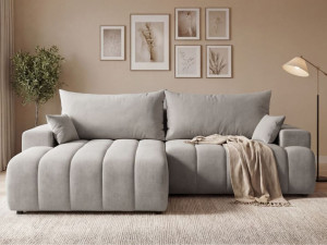Ecksofa L-Form Links mit Schlaffunktion und Bettkasten Caleo Hellgrau