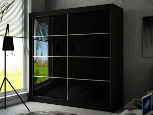 Schiebetürenschrank mit Sprossen 200 cm mit LED-Beleuchtung Ponti Schwarz