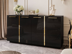 Viertürige Kommode 158 cm Glamour-Stil mit goldenen Griffen Lunelie Schwarzglanz