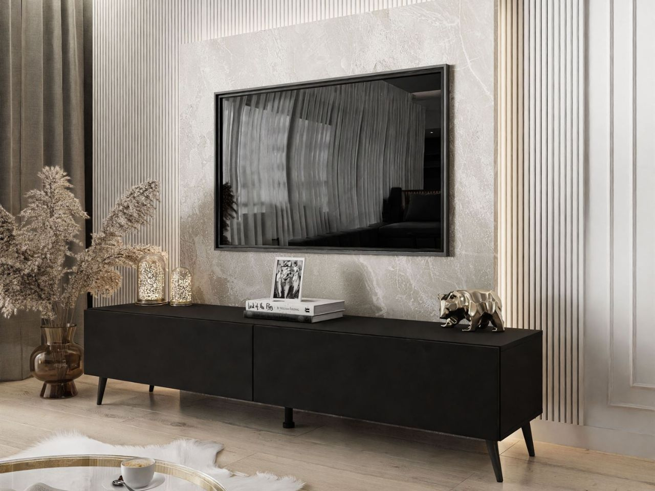 TV-Lowboard mit Türen auf Schwarzen Metallbeinen 175 cm Sorelle Schwarz Matt