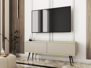 TV-Lowboard mit Türen 135 cm Diolo Beige mit geriffelter Vorderseit auf schwarzen Beinen