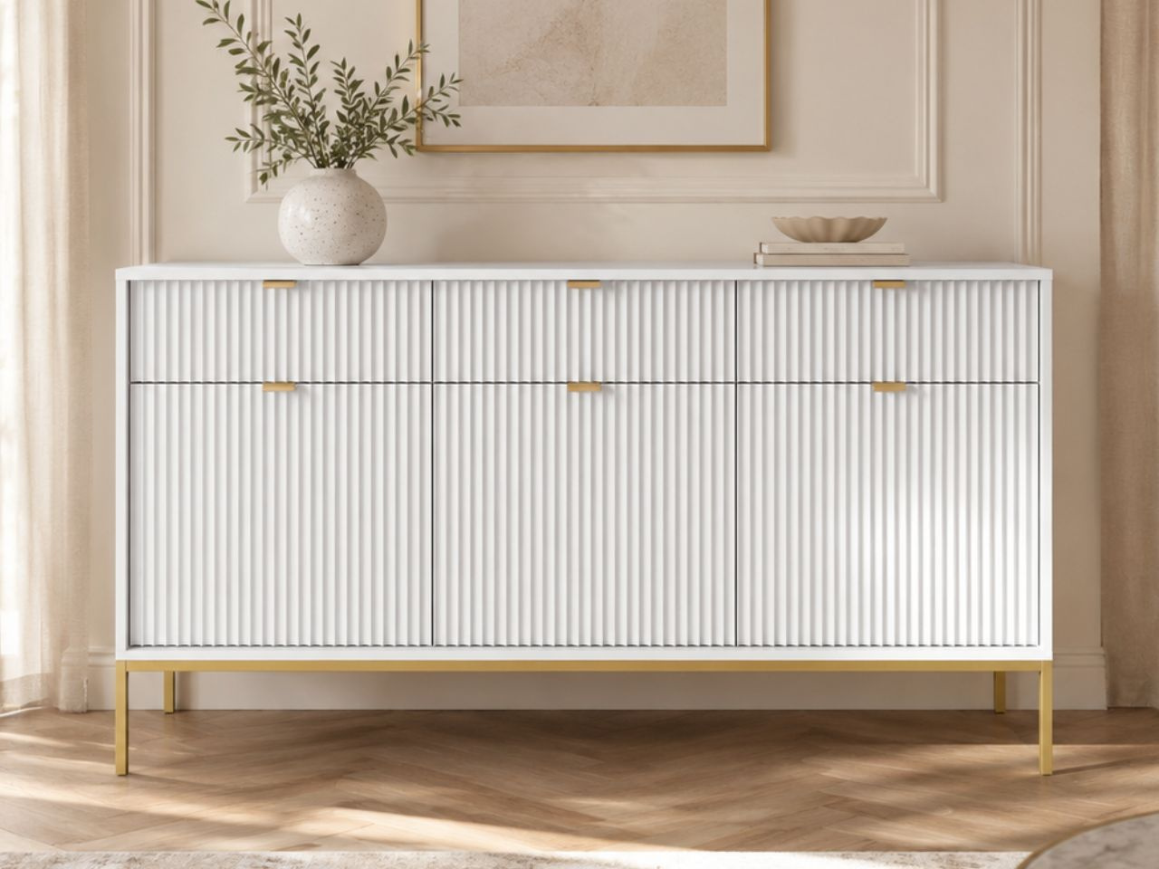 Kommode mit Türen und Schubladen Amber Weiß, Gold Frame