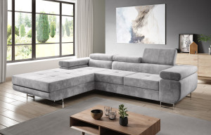 Ecksofa L-Form Links mit Schlaffunktion und Bettkasten Solam Hellgrau