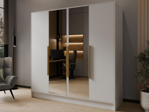 Kleiderschrank mit Spiegel 200 cm Lucca Weiß mit goldenen Griffen