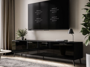 TV-Lowboard mit Türen und LED-Beleuchtung auf Schwarzen Metallbeinen 200 cm Noaé Schwarz Hochglanz