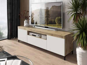 TV-Lowboard Asumi mit Türen und Schublade – Weiß matt und Eiche Wotan