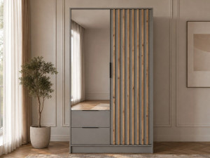Kleiderschrank mit Spiegel 105 cm Macron Grau, Artisan Eiche