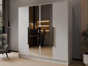 Kleiderschrank mit Spiegel 200 cm Lucca Weiß mit schwarzen Griffen